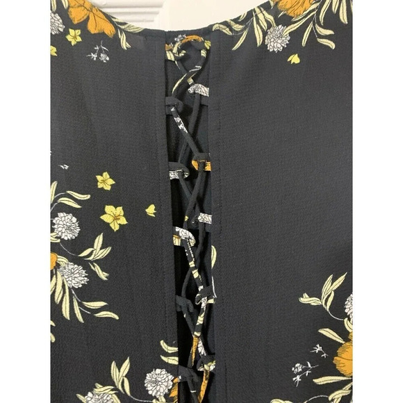 ZARA Floral Lace Up Back Midi Dress ShortSleeves Medium Black Yellow - Picture 8 of 10